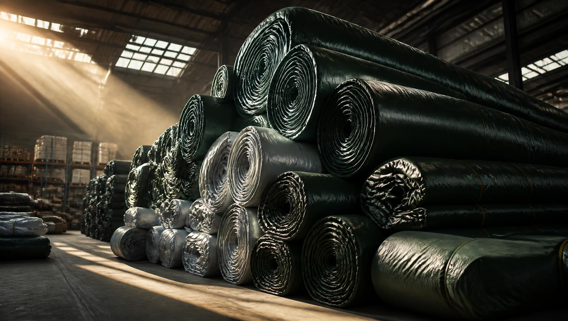 Rolls of premium industrial tarpaulin stacked in a warehouse